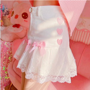 Japanese Sweet Cute Bow Skirts White Women 2022 Spring Voile Lace Skirt High Waist Mini Jupe Schoolgirl Lolita Kawaii Clothes