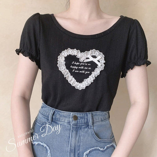 Japanese Sweet Cute Heart T-shirts for Women Simple O-neck Kawaii Bow Tops Summer Letter Puff Short Sleeve Tees Femme 2022