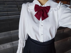 Japanese Sweet Fungus Edge Shirts Mori Girls 2022 Vinatge Flare Sleeve Kawaii Tops Bandage Designed Cute Kawaii Blouses