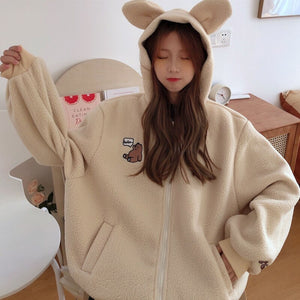 Japanese Sweet Kawaii Zipper Coat Winter Hooded Harajuku Fleece Flannel Pullover Korean College Style Bear Print Hoodies Jackets