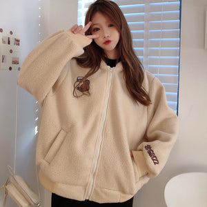 Japanese Sweet Kawaii Zipper Coat Winter Hooded Harajuku Fleece Flannel Pullover Korean College Style Bear Print Hoodies Jackets