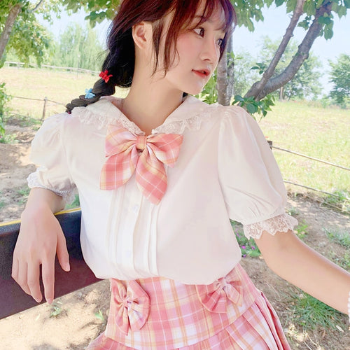 Japanese Sweet Lace Blouses White Women 2022 Cute Rabbit Ears Tops Short Sleeve Schoolgirl Button Up Shirt Kawaii Summer