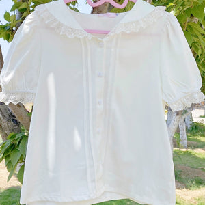 Japanese Sweet Lace Blouses White Women 2022 Cute Rabbit Ears Tops Short Sleeve Schoolgirl Button Up Shirt Kawaii Summer