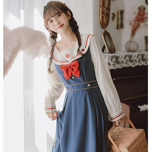 Japanese Sweet Lovely Two Piece Set Women Fall Navy Collar Embroidery Cute Shirt+Strap Dress Femme College Style Jk Uniform Suit