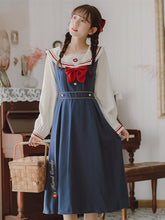 Load image into Gallery viewer, Japanese Sweet Lovely Two Piece Set Women Fall Navy Collar Embroidery Cute Shirt+Strap Dress Femme College Style Jk Uniform Suit