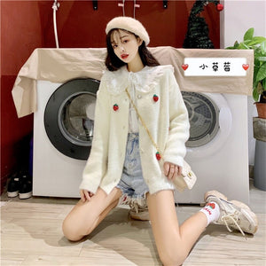 Japanese Sweet Preppy Style Mink Coat Korean 2020 Winter Strawberry Cartoon Embroidery Cardigan White Jacket Coat Lady Outerwear