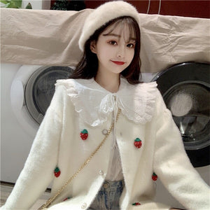 Japanese Sweet Preppy Style Mink Coat Korean 2020 Winter Strawberry Cartoon Embroidery Cardigan White Jacket Coat Lady Outerwear