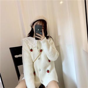 Japanese Sweet Preppy Style Mink Coat Korean 2020 Winter Strawberry Cartoon Embroidery Cardigan White Jacket Coat Lady Outerwear