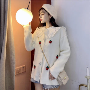 Japanese Sweet Preppy Style Mink Coat Korean 2020 Winter Strawberry Cartoon Embroidery Cardigan White Jacket Coat Lady Outerwear