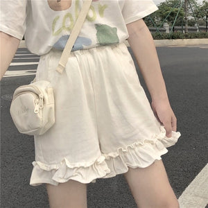 Japanese Sweet Ruffles Pants Cute Mori Girl Solid All Match Wide Leg Kawaii Trousers Women Simple Casual Loose Pantalones