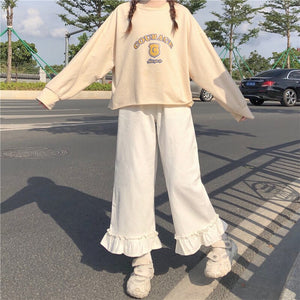 Japanese Sweet Ruffles Pants Cute Mori Girl Solid All Match Wide Leg Kawaii Trousers Women Simple Casual Loose Pantalones