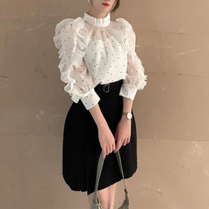 Japanese Sweet Ruffles Sleeve Woman Shirts Elegant Office Lady Autumn 2021 New Women Blouse Stand Collar Loose Moda Blusas Mujer