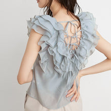 Load image into Gallery viewer, Japanese Sweet Ruffles Solid Chiffon Blouse Woman V-neck Backless Lace-up Woman Shirts 2021 Summer Chic Pullover Blusas Mujer