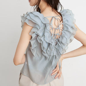 Japanese Sweet Ruffles Solid Chiffon Blouse Woman V-neck Backless Lace-up Woman Shirts 2021 Summer Chic Pullover Blusas Mujer