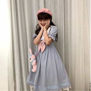 Japanese Sweet Soft Girl Lolita Dress Women 2021 Summer Puff Sleeve Ruffle Dress Elegant Kawaii Cute Bow Princess Midi Dresses