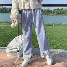 Load image into Gallery viewer, Japanese Sweet Teen Girls Corduroy Pants Bow 2022 Elastic Waist Cute Kawaii Trousers Fresh Spliced Lace Pantalones Mujer