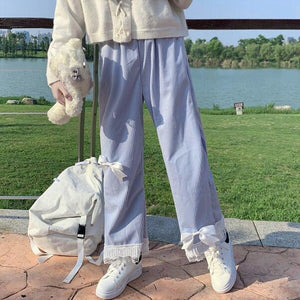 Japanese Sweet Teen Girls Corduroy Pants Bow 2022 Elastic Waist Cute Kawaii Trousers Fresh Spliced Lace Pantalones Mujer
