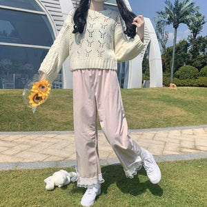 Japanese Sweet Teen Girls Corduroy Pants Bow 2022 Elastic Waist Cute Kawaii Trousers Fresh Spliced Lace Pantalones Mujer