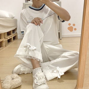 Japanese Sweet Teen Girls Corduroy Pants Bow 2022 Elastic Waist Cute Kawaii Trousers Fresh Spliced Lace Pantalones Mujer
