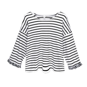Japanese Teen Girl Retro Striped T-shirts 2022 Loose All Match Three Quarter Tops Sweet Spring Summer Simple Tee Ropa Mujer