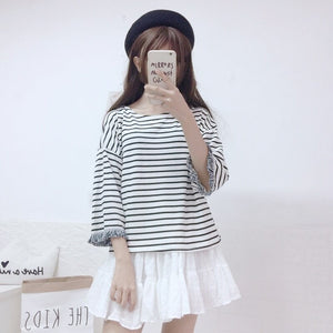 Japanese Teen Girl Retro Striped T-shirts 2022 Loose All Match Three Quarter Tops Sweet Spring Summer Simple Tee Ropa Mujer