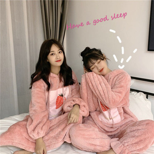 Japanese Winter Pajama Sets Soft Girl Plush Thicker Strawberry Cartoon 1set Pajamas Two Piece Pajama Set Women Hooded Sleepwear
