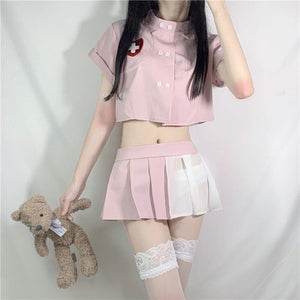 Kawaii Doctor Roleplay Cosplay Lingerie Women Sexy Nurse Erotic Sleepwear Set Costumes Maid Outfit for Couple School Girl Pink