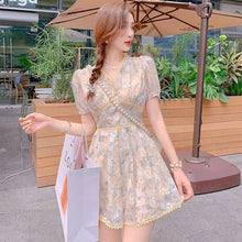 Load image into Gallery viewer, Kawaii Floral Short Jumpsuit Women Summer 2021 Lace Print  Casual Elegant Jumpsuit Puff Sleeve Korean Fashion Bohemian Clothes