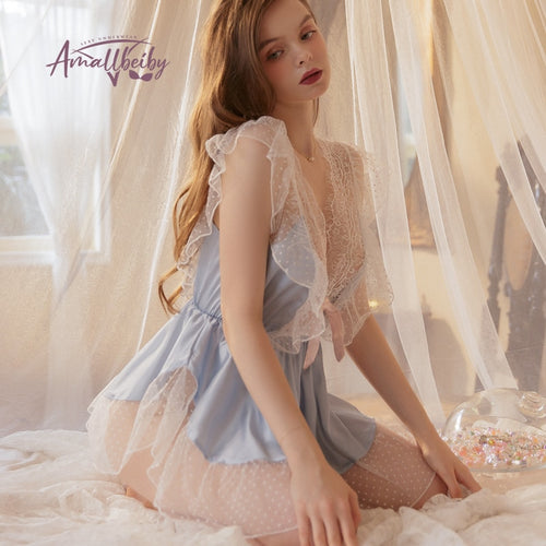 Kawaii Lingerie Ruffles Perspective Pajama Set for Women Temptation Lace Satin Sleepwear Solid V-Neck Nightdress with Panty