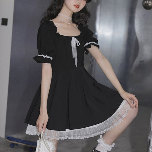 Kawaii Mini Dress Women Summer 2021 Black Short Sleeve Japanese Sweet Cute Casual Dress College Style Bow Lace Goth Lolita Dress