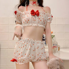Load image into Gallery viewer, Kawaii Pajama Set Women Sleepwear Cute Sexy Sleepwear Lace Bow Strawberry Tops Shorts Lolita Girl Underwear with Necklace