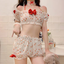 Load image into Gallery viewer, Kawaii Pajama Set Women Sleepwear Cute Sexy Sleepwear Lace Bow Strawberry Tops Shorts Lolita Girl Underwear with Necklace