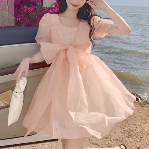 Kawaii Party Mini Dresses Women Summer 2021 Orange Pink French Fashion Fairy Dress Retro Princess Cottagecore Beach Fluffy Dress