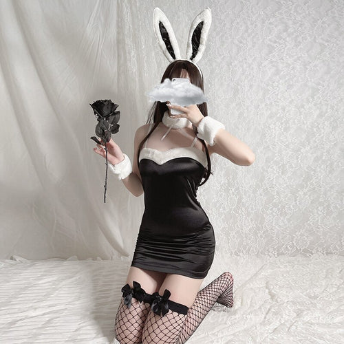 Kawaii Satin Sexy Nightdress Velvet Women Strap Dress Plush Erotic Christmas Costumes Sweet Bunny Girl Cosplay Lovely Uniform