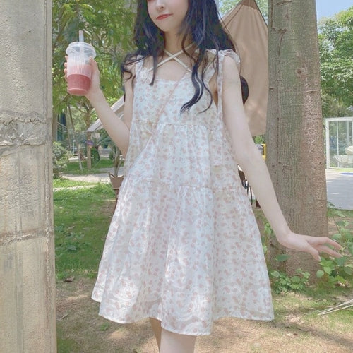 Kawaii Strap Floral Women Dresses Summer 2021 Korean Fashion Print Sweet Fairycore Dress Sleeveless Lace Outdoor Casual Sundress