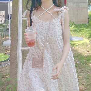 Kawaii Strap Floral Women Dresses Summer 2021 Korean Fashion Print Sweet Fairycore Dress Sleeveless Lace Outdoor Casual Sundress