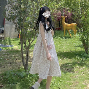 Kawaii Strap Floral Women Dresses Summer 2021 Korean Fashion Print Sweet Fairycore Dress Sleeveless Lace Outdoor Casual Sundress