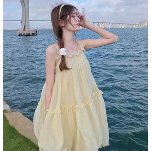 Kawaii Sweet Women Dress Fluffy Yellow Suspender Dress Summer Princess Dress Casual Daily Dating Party New Arrival