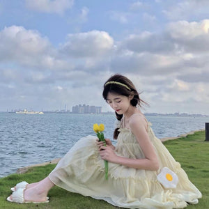 Kawaii Sweet Women Dress Fluffy Yellow Suspender Dress Summer Princess Dress Casual Daily Dating Party New Arrival