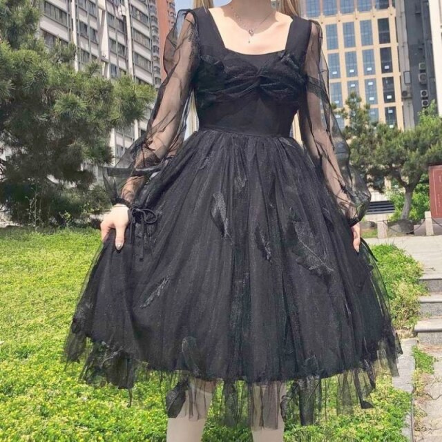 Kawaii Vintage Summer Gothic Dress Women Elegant Lolita Black Sexy Revolve Dress Female Casual Princess Puff Sleeve Fairy Dress