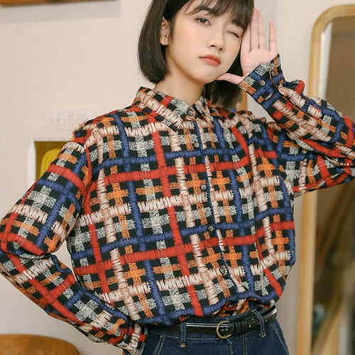 Kawaii Women Loose Shirt Ladies Casual Printed Tops And Shirts Female Korean Long Sleeves Plaid Blouses Chic