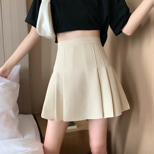 Kawaii Women Pleated A-Line Skirt Casual Korean Female Empire Above Knee Skirts Sweet Vintage High Waist Mini Skirt Chic