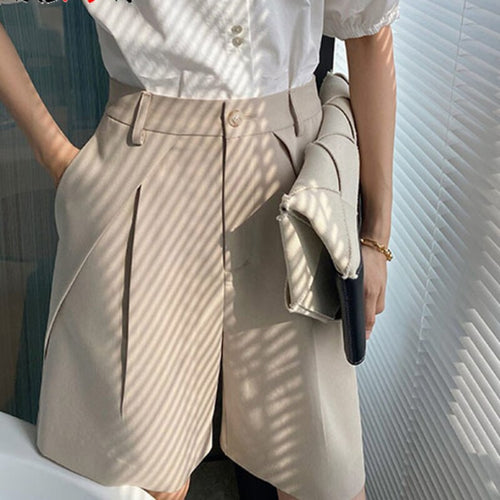 Khaki Women's Summer Fashion Shorts Knee-length Wide High Waist Formal Long Shorts Female Loose Casual Short Pants Women Black