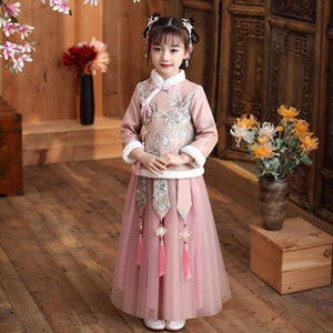 Kids New Year Dress Clothes Autumn Winter New Embroider Girl's Hanfu Cheongsam Chinese Tradition Wedding Flower Girl Dresses