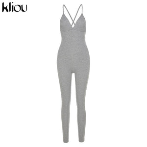 Kliou v-neck skinny sexy jumpsuit women summer 2020 hollow out partywear halter sleeveless streetwear outfit fitness backless