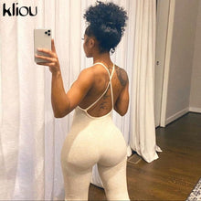 Load image into Gallery viewer, Kliou v-neck skinny sexy jumpsuit women summer 2020 hollow out partywear halter sleeveless streetwear outfit fitness backless