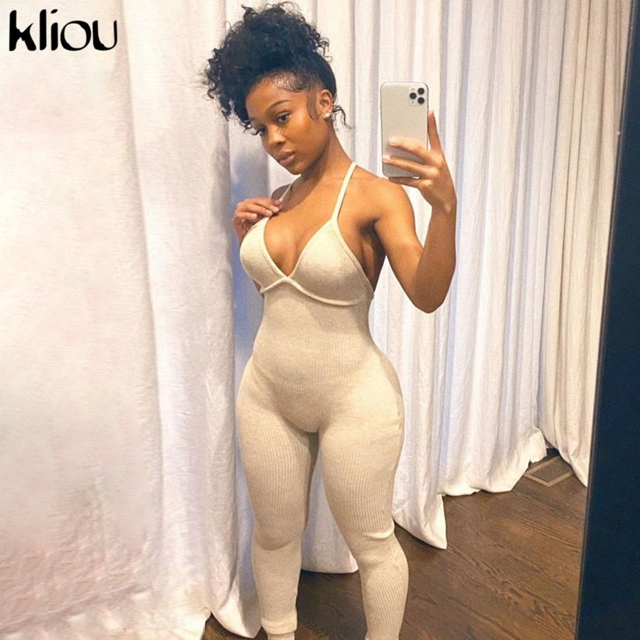 Kliou v-neck skinny sexy jumpsuit women summer 2020 hollow out partywear halter sleeveless streetwear outfit fitness backless