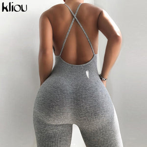 Kliou v-neck skinny sexy jumpsuit women summer 2020 hollow out partywear halter sleeveless streetwear outfit fitness backless