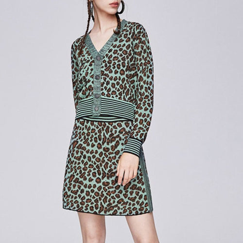 Knitted 2 piece Set Women Single Breasted Leopard Jacquard Sweater Cardigan + Elastic Waist A Line Mini Skirt Matching Sets Suit