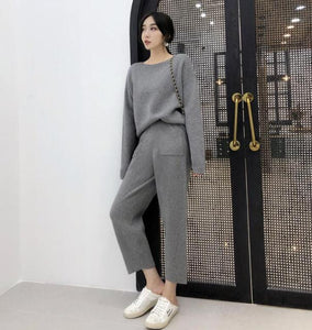 Knitted 2 pieces Set Tracksuits Women  Autumn Winter Thick Warm O-neck Loose Sweater+Ankle-Length Pants Warm Cashmere Suit